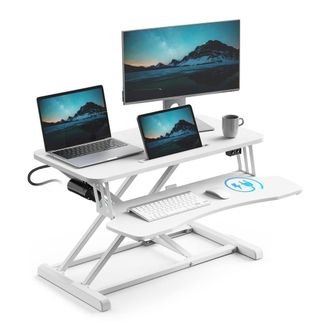 VonHaus Height Adjustable Two Tier Electric Desk Converter with Keyboard Shelf in White
