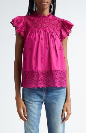 Ulla Johnson Kassi Eyelet Flutter Sleeve Cotton Top in Ruby at Nordstrom Rack, Size 12