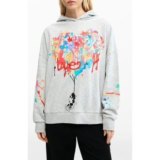 Desigual Mickey Mouse Paint Splattered Fleece Graphic Hoodie in Gray at Nordstrom, Size Medium