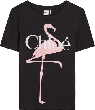 Chlo&eacute; Flamingo Printed Cotton T-shirt - Black - S (UK8-10 / S)