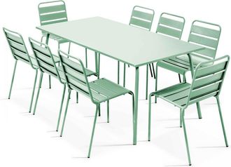 Oviala Conjunto mesa de jard&iacute;n y 8 sillas de metal verde salvia