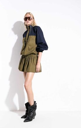 Asos vestito corto sportivo con collo a volant color block navy e oliva-Multicolore