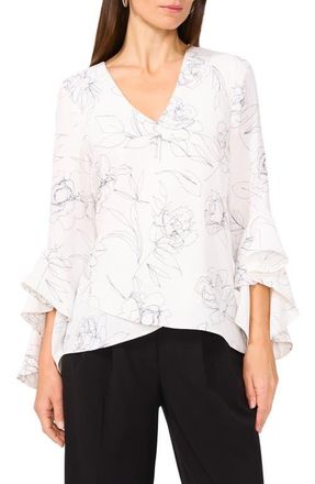 Vince Camuto Ruffle Sleeve Print High-Low Top in New Ivory at Nordstrom, Size Medium