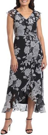 London Times Ruffle Wrap Maxi Dress in Black/Soft White at Nordstrom Rack, Size 10