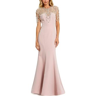 Mac Duggal Draped Pearl Beaded Crepe Mermaid Gown in Vintage Lilac at Nordstrom, Size 12