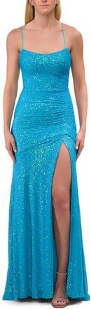La Femme Lace Up Back Sequin Gown with Flare Skirt in Aqua at Nordstrom, Size 00