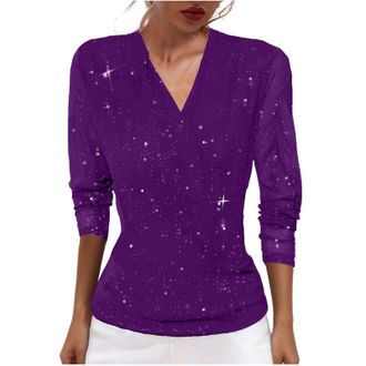 Generic Womens Sparkly Tops Shiny Elegant Lightweight Blouses Glitter Tunic Tops Sparkle Solid Slim Fit Shirts Mesh Long Sleeve V Neck Top Breathable Ladies C