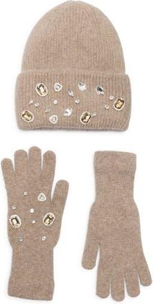 La Fiorentina Rhinestone Beanie & Gloves Set in Brown at Nordstrom Rack