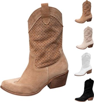 Generic Brown Cowgirl Boots for Women Knee High Cowboy Boots Wide Calf Cowboy Boot Mid Calf Wide Fit Suede Ankle Boot Women Pull on Slouch Chunky Heel Pointed