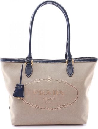 Prada Beige Navy Canvas Leather Handbag Tote Bag (Pre-Owned)