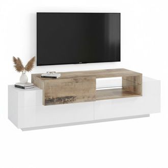 Dmora Dmora - Mueble Para Tv Para Sal&oacute;n, Made In Italy, Mueble Para Tv Con 3 Puertas, 160x45h51 Cm, Blanco Brillante Y Color Arce, Con Embalaje Reforzado