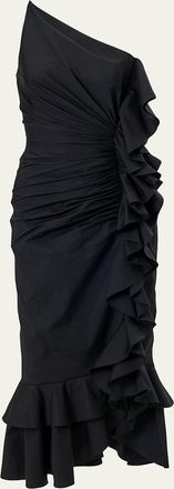 Carolina Herrera One-Shoulder Ruched Ruffle Midi Dress
