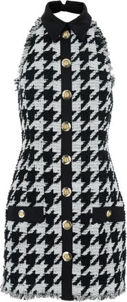 Balmain Witte Tweed & Satin Halternek Jurk - Dames - Korte kleedjes - Veelkleurig - M - Tweed - Kleedjes