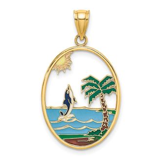 Diamond2Deal 14k Yellow Gold Enamel Dolphin Jumping In Beach Scene Charm