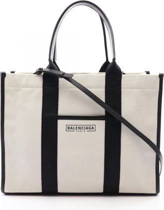 Balenciaga Black White Canvas Leather Handbag Tote Bag (Pre-Owned)