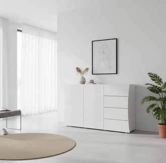 Dmora Aparador Moderno, Aparador De Dise&ntilde;o Con 2 Puertas Y 4 Cajones, Made In Italy, Mueble Para Tv, Buffet De Sal&oacute;n, 124x40h82 Cm, Color Blanco Brillante, 