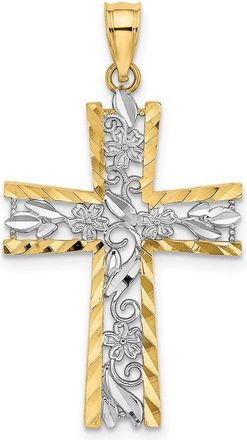 Diamond2Deal 10k Yellow Gold Rhodium Diamond-Cut Flower Design Cross Charm