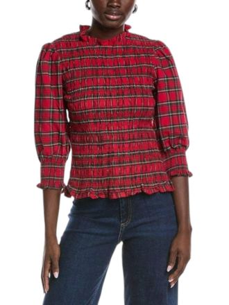 Sail to Sable Puff Sleeve Smocked Top In Red Plaid