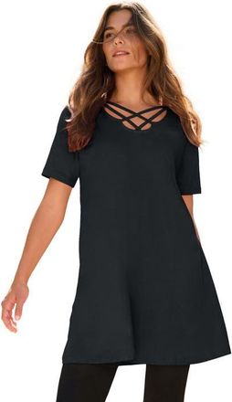 Roaman's Ultimate Lattice Neck Short Sleeve Tunic in Black at Nordstrom, Size 32