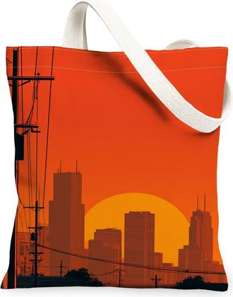 Generic Cityscape Sunset Canvas Tote Bags, Urban Skyline Design Lightweight Washable Reusable Shopping Bags for Travel Beach Grocery, Orange, 13x15 Inch
