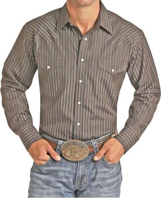 Panhandle Mens Satin Dobby Stripe Western Snap Long Sleeve Shirt In Black Brown Stripe