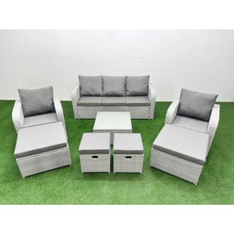 Fimous Outdoor Garden Furniture Set pe Rattan Lounge Sofa Set with Coffee Table 3 Seater Sofa 4 Footstools Light Grey - Fimous