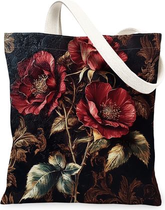 Generic Valentines Day Rose Floral Canvas Tote Bag for Shopping 13x15, Luxury Aesthetic Romantic Flower Reusable Grocery Print Pattern Bag for Women, Holiday 