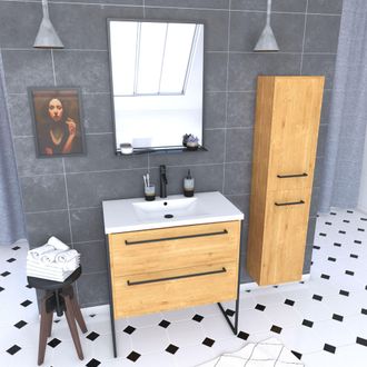 Aurlane Pack Mueble 80, Patas, 2 Cajones Roble, Lavabo Blanco, Espejo, Columna 150