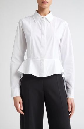 Max Mara Gamma Stretch Cotton Peplum Shirt in Optical White at Nordstrom, Size 12