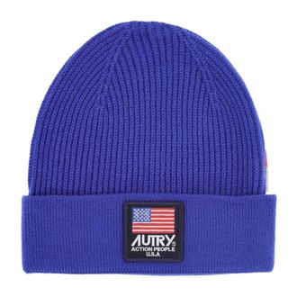 Autry Beanies, male, Blue, Size: ONE SIZE Ribbed Wool Beanie with Logo