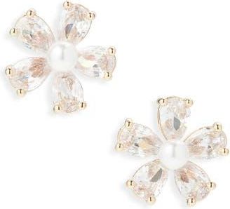 Cara Cubic Zirconia & Faux Pearl Flower Button Stud Earrings in Gold at Nordstrom Rack