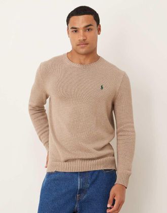 Polo Ralph Lauren Maglione lavorato in cotone pesante color bronzo m&eacute;lange con logo-Marrone