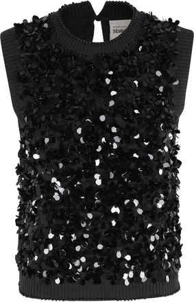 Semicouture Zwarte Paillet Geborduurde Vest Jas - Dames - Ronde hals truien - Zwart - S - Pailletten - Truien & Vesten