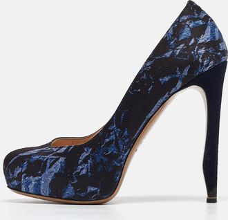 Nicholas Kirkwood Navy Blue Print Satin Platform Pumps