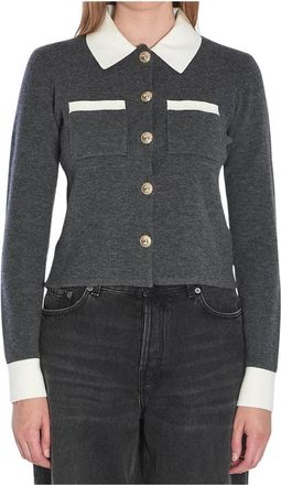 Self Portrait Cardigan met contrasterende kraag - Dames - Vesten - Grijs - L - Katoen - Truien & Vesten