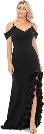 Xscape Maxi Dress Women Black Crepe Side Slit Ruffle Hem Cold Shoulder NWO110
