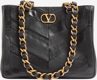 Valentino Garavani Womens Leather Bag With Chevron Pattern Black Shoulder