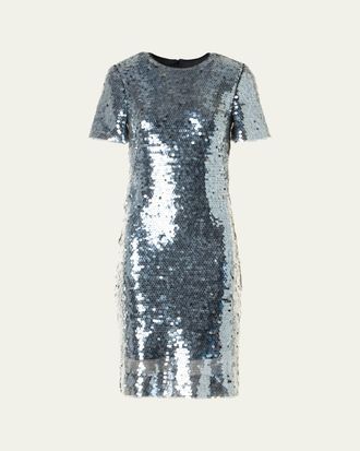Akris Lucid Sequined Tulle Short-Sleeve Dress