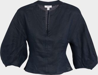 Reiss Remi Cropped Blouson-Sleeve Linen Blouse