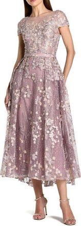 Mac Duggal Embroidered Cap Sleeve High Neck Midi Dress in Vintage Lilac at Nordstrom, Size 18