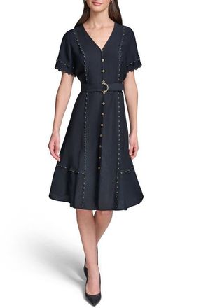 Karl Lagerfeld Stud Embellished Belted Button-Up Dress in Midnight Navy at Nordstrom, Size 10