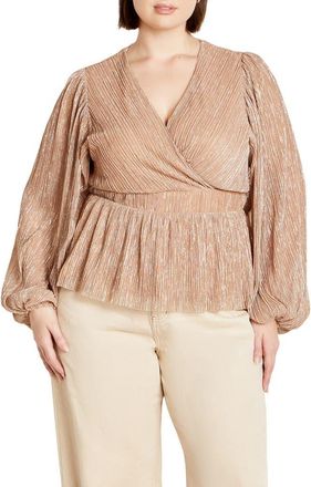 City Chic Noemi Metallic Plissé Top in Pink Blush at Nordstrom