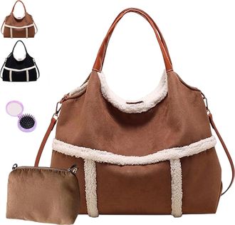 Generic Women Suede Tote with Faux Lamb Wool Lined, Sherpa Tote, Sherpa Bag, Vintage Large Capacity Plush Shoulder Bag Work Travel (Brown)