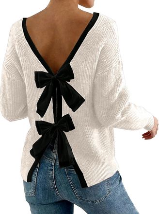 Generic Womens Jumpers Bow Open Back Long Sleeve Ribbed Knit Sweater Ladies Sexy Fashion Pullover Tops(Beige, L)