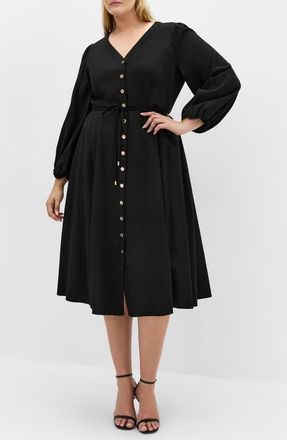 City Chic Kristina Tie Waist Long Sleeve Midi Dress in Black at Nordstrom, Size Xs