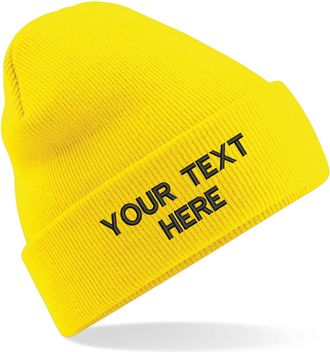 Generic Personalised Embroidered Your Text Beanie, Knitted Cap Your Name Hat Unisex Gift (Yellow)