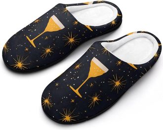 Generic Champagne Glasses Stars Fireworks Slippers Men Winter Warm Cotton Anti-Slip Indoor Slip-Ons House Shoes