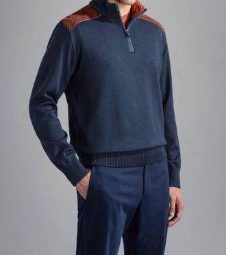 Paul & Shark Mens Wool Zip Sweater With Corduroy Details In Navy