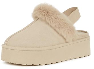 Generic 24890 Womens Faux Fur Lined Mules - Comfortable Platform Slippers with Cozy Fleece Interior - Slip-On Casual Shoes for Indoor and Outdoor Use (Beige, 