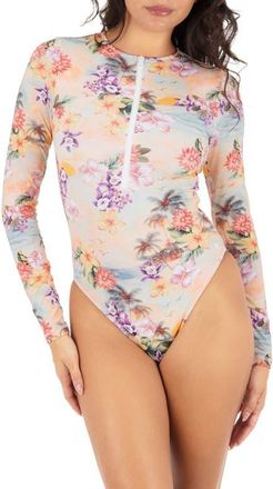 Hurley Scenic Sunset Long Sleeve Zip One-Piece Swimsuit in Shell Pink Multi at Nordstrom, Size X-Small